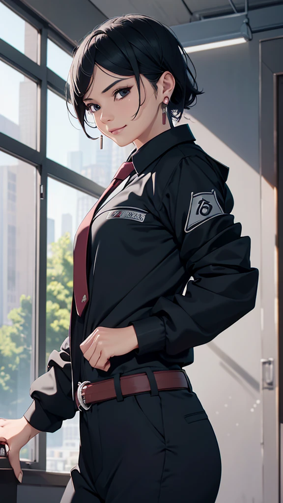 1girl,cowboy shot, beautiful Sarada, earrings, black hair, lips, closed mouth, 1girl, solo, necktie, smile,black jacket,black suit, long sleeves, shirt tucked in,looking at viewer, shirt, black necktie, white shirt, medium breasts,window, formal, light smile, office lady,pants, black pants, belt, business suit, suit, (intricately detailed, hyperdetailed), blurry background,depth of field, best quality, masterpiece, intricate details, tonemapping, sharp focus, hyper detailed, trending on Artstation,1 girl, high res,facing viewer, official art