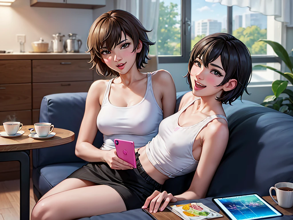 high quality, Makoto Shinkai style, detailed facial details, bright colors, 4K, (solo:1.4), a beautiful 18-year-old woman with short hair, wearing a white tank top and white miniskirt. She is sitting at a dining table in a modern living room, using an iPad. A Wi-Fi router is on the table. She is laughing with her mouth open and looking at the camera. The room is decorated with abstract art.