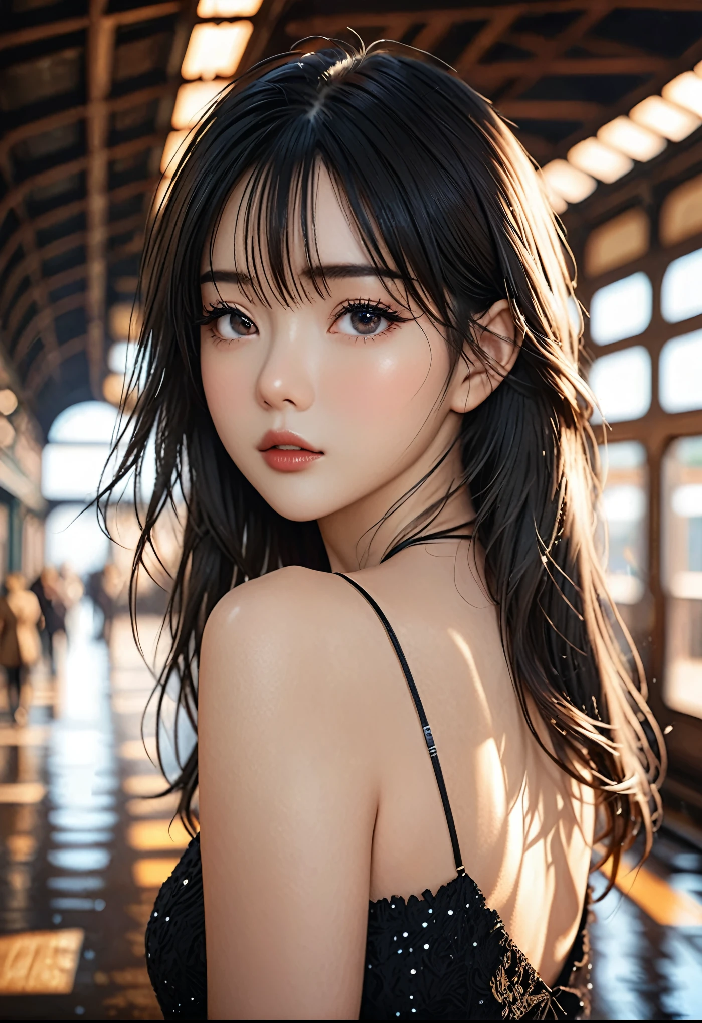 a girl，cute and pretty face，Long straight black hair，Long bangs covering eyes，long eyelashes，(Fine eyes)，small eyes，(half-closed eyes)，(Dark lipstick)，(Dark eyeshadow)，Slim body，Medium breasts，Slender limbs，spaghetti strap dress，Inside an old railway station，clean focus，shallow Depth of Field，Ultra-detailed faces，very beautiful face，Extremely high texture skin，Look to viewer，beautiful legs，seductive，femainine pose，(realistic ，realistic-photo，RAW photo，8K original)，lens flare，film grain，artistic photography，UHD，highres，masterpiece，retina，