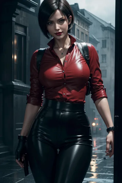 Resident Evil 6,Ada,Short Hair,Red Shirt,Stand up your collar,Black Leather Pants,Photorealistic,Ultra HD,high quality,masterpie...