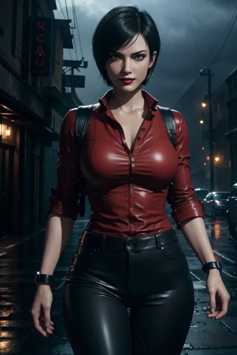 Resident Evil 6,Ada,Short Hair,Red Shirt,Stand up your collar,Black Leather Pants,Photorealistic,Ultra HD,high quality,masterpie...