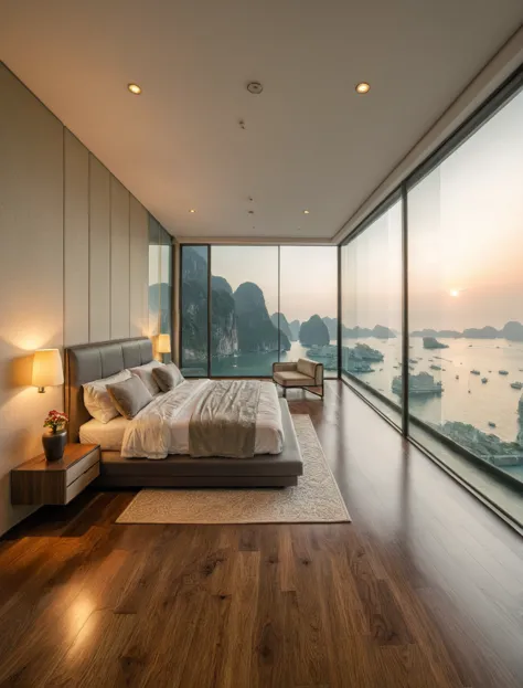 raw photo,masterpiece, high quality, best quality, authentic, super detail, interior, indoors, bedroom style modern , view sea h...