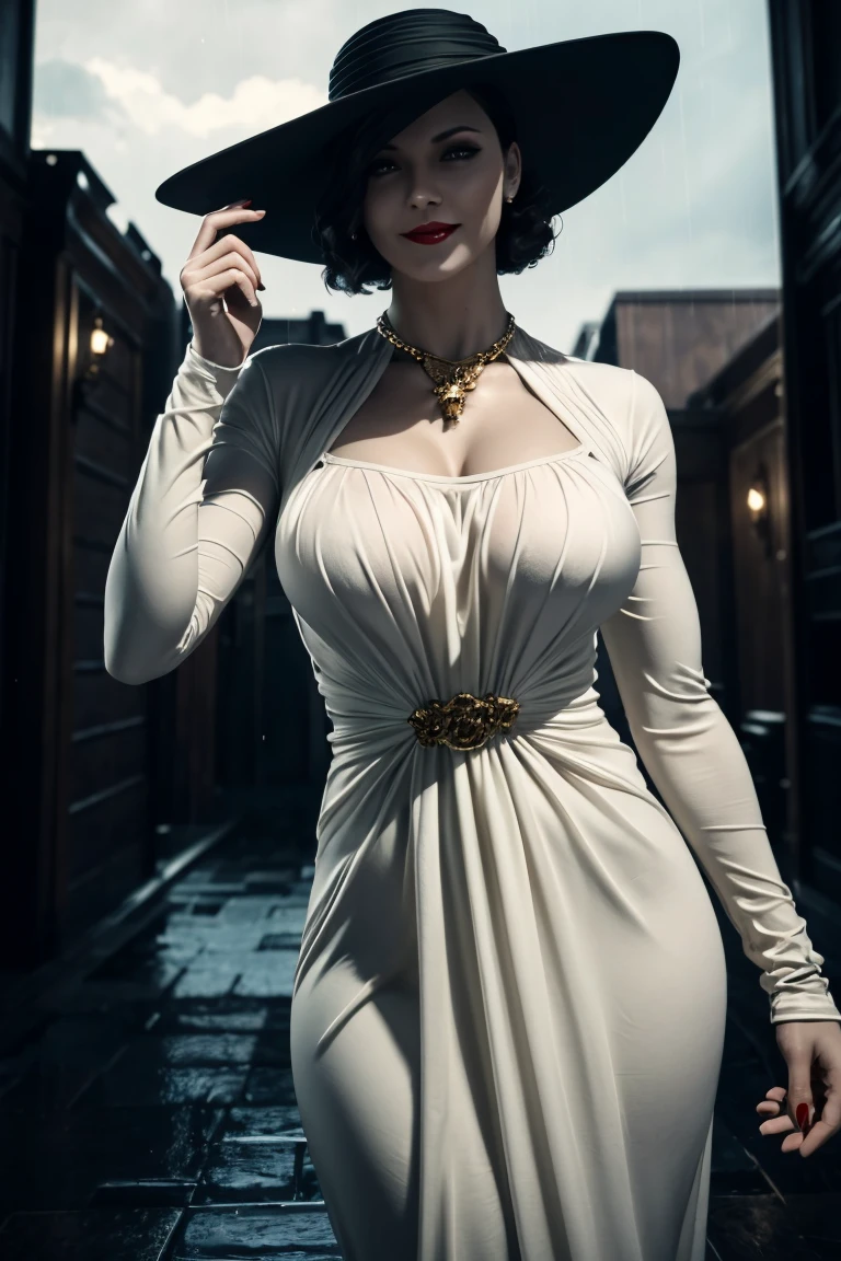 Resident Evil 8,Madame Dumitrescu,Short Hair,Pure white skin,Golden eyes,tall,White long dress,Black hat, black rose brooch,Photorealistic,Ultra HD,high quality,masterpiece,Digital SLR,Detailed details,Intricate details,Anatomical basis,Depicted in detail,A detailed face,Realistic skin texture,Vivid details,Perfect Anatomy,Perfect Anatomy,Anatomically correct hand,Anatomically correct fingers,Super Detail,Complex 3D rendering,Sexy pose,Rainy Sky,Beautiful scenery,Fantastic rainy sky,Picturesque,Red Lip,smile,