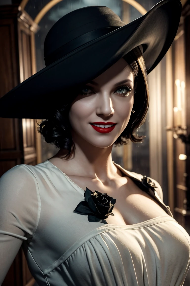 Resident Evil 8,Madame Dumitrescu,Short Hair,Pure white skin,Golden eyes,tall,White long dress,Black hat, black rose brooch,Photorealistic,Ultra HD,high quality,masterpiece,Digital SLR,Detailed details,Intricate details,Anatomical basis,Depicted in detail,A detailed face,Realistic skin texture,Vivid details,Perfect Anatomy,Perfect Anatomy,Anatomically correct hand,Anatomically correct fingers,Super Detail,Complex 3D rendering,Sexy pose,Rainy Sky,Beautiful scenery,Fantastic rainy sky,Picturesque,Red Lip,smile,