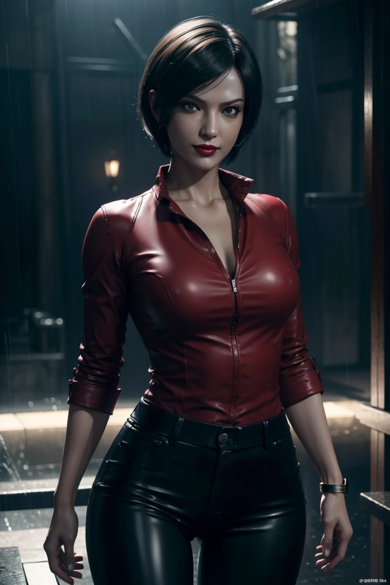 Resident Evil 6,Ada,Short Hair,Red Shirt,Stand up your collar,Black Leather Pants,Photorealistic,Ultra HD,high quality,masterpiece,Digital SLR,Detailed details,Intricate details,Anatomical basis,Depicted in detail,A detailed face,Realistic skin texture,Vivid details,Perfect Anatomy,Perfect Anatomy,Anatomically correct hand,Anatomically correct fingers,Super Detail,Complex 3D rendering,Sexy pose,Rainy Sky,Beautiful scenery,Fantastic rainy sky,Picturesque,Red Lip,smile,