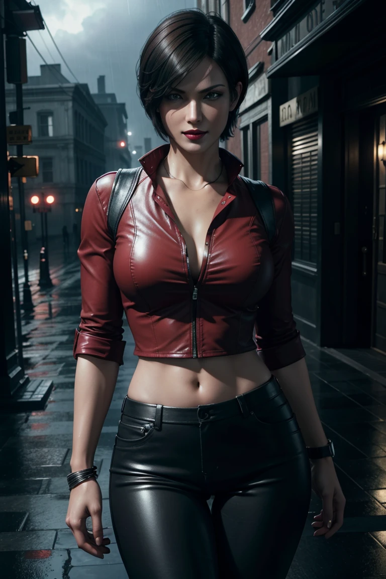 Resident Evil 6,Ada,Short Hair,Red Shirt,Stand up your collar,Black Leather Pants,Photorealistic,Ultra HD,high quality,masterpiece,Digital SLR,Detailed details,Intricate details,Anatomical basis,Depicted in detail,A detailed face,Realistic skin texture,Vivid details,Perfect Anatomy,Perfect Anatomy,Anatomically correct hand,Anatomically correct fingers,Super Detail,Complex 3D rendering,Sexy pose,Rainy Sky,Beautiful scenery,Fantastic rainy sky,Picturesque,Red Lip,smile,