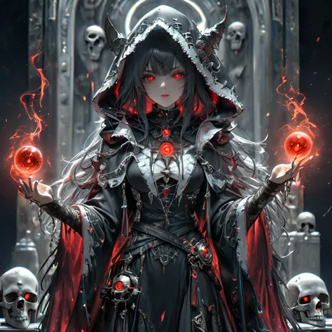 (Photo-realistic), Young Death Witch, Skull with red glowing eyes, ((Black robe with hood and detailed white trim)), Holding hou...