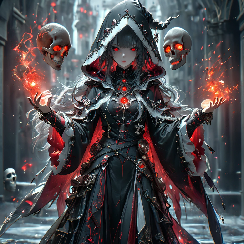 (Photo-realistic), Young Death Witch, Skull with red glowing eyes, ((Black robe with hood and detailed white trim)), Holding hourglass in right hand, (High Detail, Very detailed, masterpiece, beautiful:1.2), Black space appears in the background, Dynamic poses, Lenses,  Hong Kong Magic, 