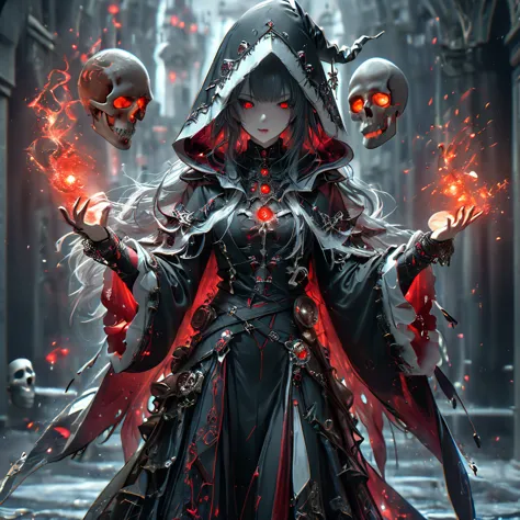 (Photo-realistic), Young Death Witch, Skull with red glowing eyes, ((Black robe with hood and detailed white trim)), Holding hou...