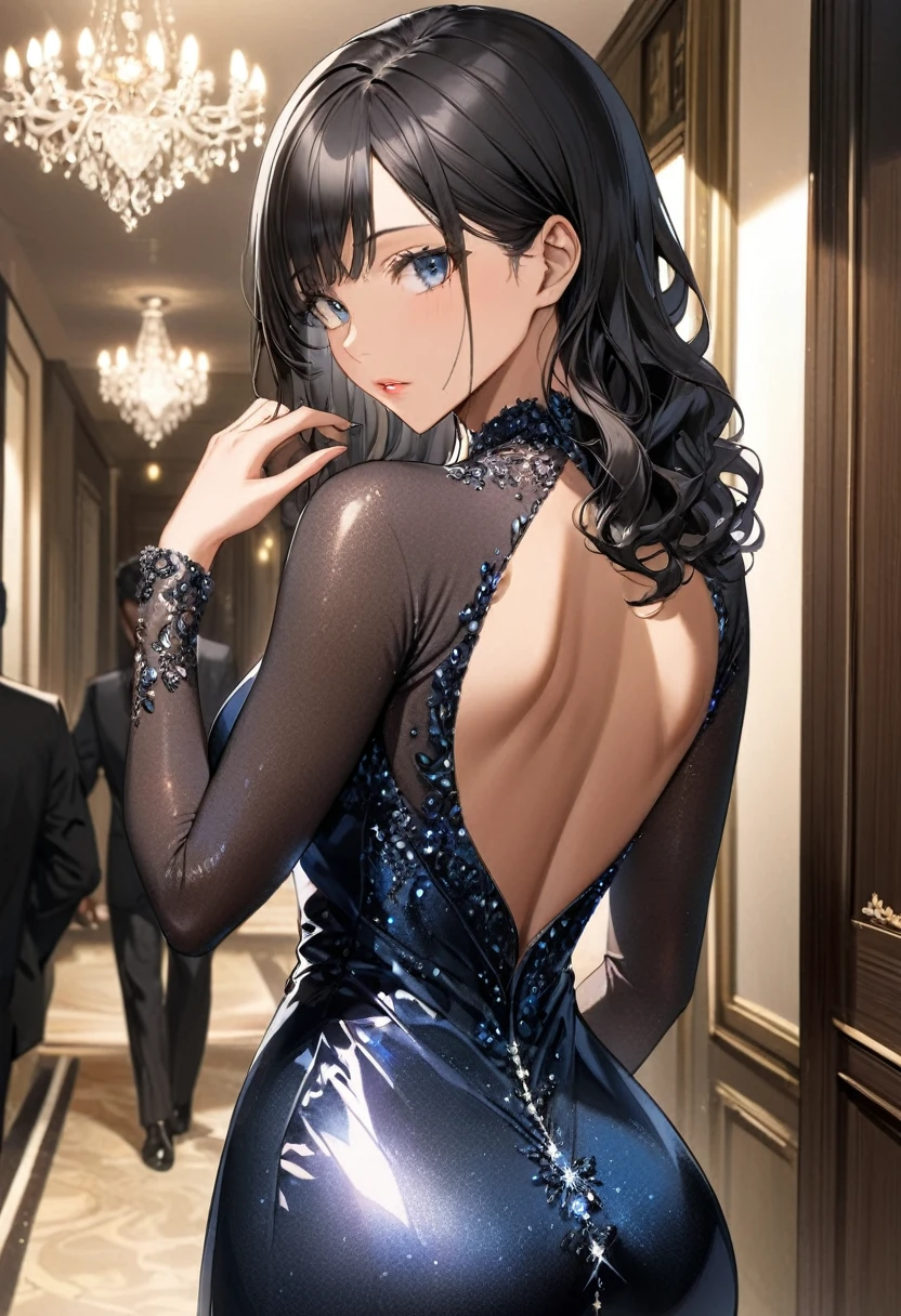 (masterpiece, best quality:1.2),Wavy hair secretary，solitary,Exquisite eyes,Fine black hair，Charming Eyeshadow( Black person:1.2)( Dark skin:1.2)，african man,( Smooth skin:1.2)( Wear a gorgeous and sparkling evening gown:1.2)， Slender body proportions，Moist and sexy plump lips，Perfect fingers，Back，Gorgeous room