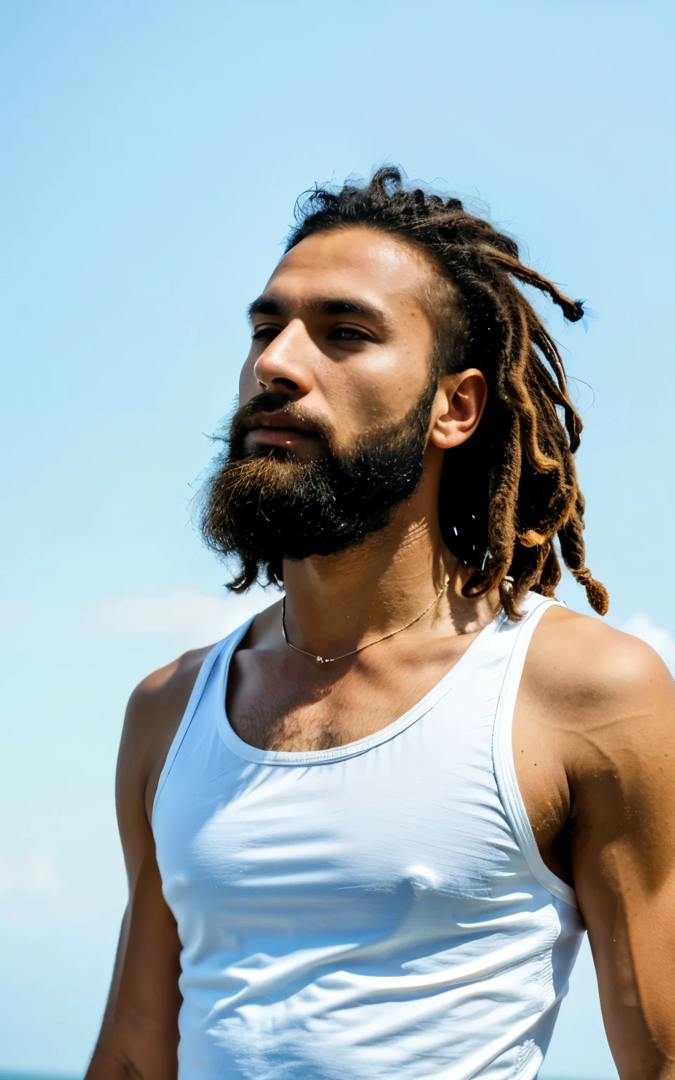 Arafed man with dreads and a white tank top standing on the beach - SeaArt  AI