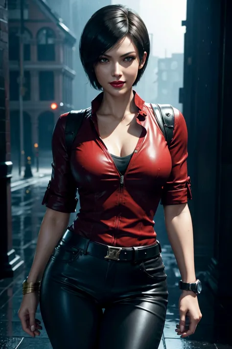 Resident Evil 6,Ada,Short Hair,Red Shirt,Stand up your collar,Black Leather Pants,Photorealistic,Ultra HD,high quality,masterpie...