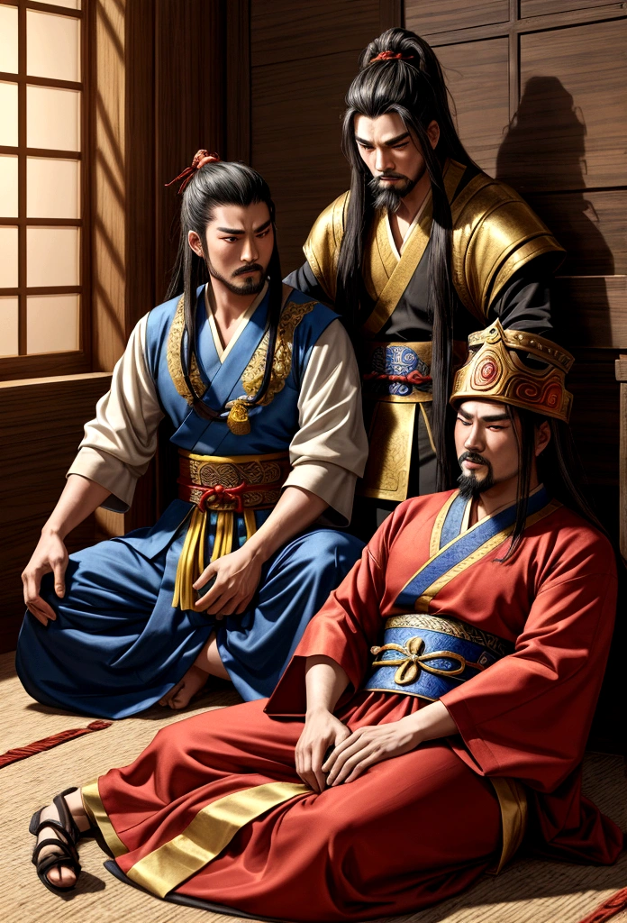 Three men in oriental costumes are sitting on the floor, from Three Kingdomss, chinese Three Kingdomss, Three Kingdomss, Three Kingdoms, inspired by Emperor Xuande, Historical drama, by Emperor Xuande, In-game cinematics, Soonsang Hong, Incredibly detailed scene, Inspired by Jojbai, Inspired by Lycan, Guan Yu, game CG, major art