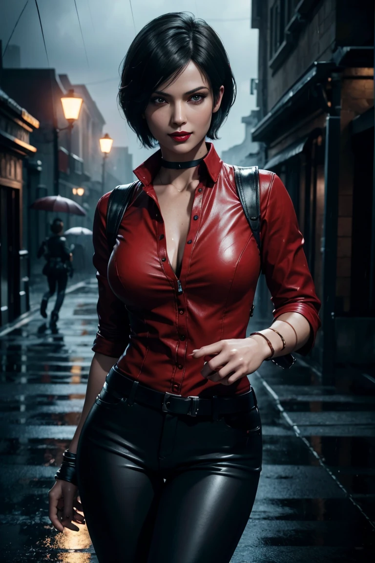 Resident Evil 6,Ada,Short Hair,Red Shirt,Stand up your collar,Black Leather Pants,Photorealistic,Ultra HD,high quality,masterpiece,Digital SLR,Detailed details,Intricate details,Anatomical basis,Depicted in detail,A detailed face,Realistic skin texture,Vivid details,Perfect Anatomy,Perfect Anatomy,Anatomically correct hand,Anatomically correct fingers,Super Detail,Complex 3D rendering,Sexy pose,Rainy Sky,Beautiful scenery,Fantastic rainy sky,Picturesque,Red Lip,smile,