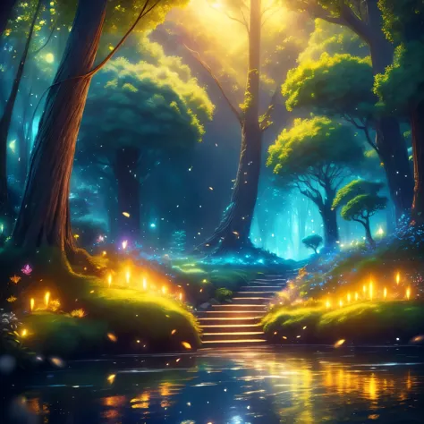 a magical forest, mystical, glowing and shimmering fireflies, lush foliage, ancient trees, moonlight, ethereal atmosphere, fanta...