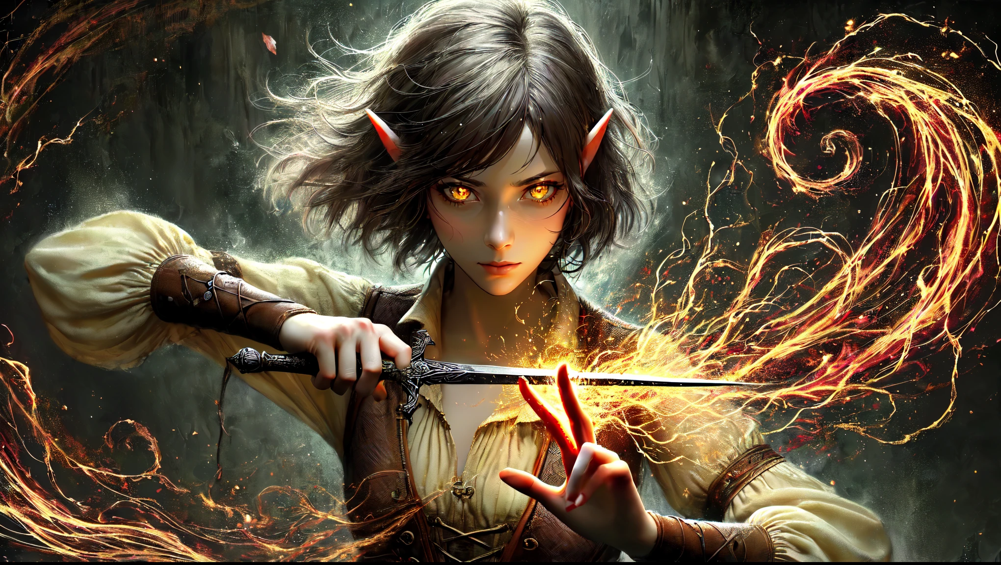 A high-resolution wide-format digital painting of Aletta, a young adult half-elf chaos mage, caught in a moment of unleashing her powers. As she deeply cuts her hand on a two-handed sword, her blood explosively transforms into chaotic, swirling energy. She has a  build, bob-cut brown hair streaked with grey, elven ears, and ((eyes glowing with fierce yellow light)). Her expression is one of intense concentration and determination. She wears a beige blouse and a brown corset vest. The scene is imbued with a dark, ominous energy, emphasizing the raw power and uncontrollable nature of her chaos magic
