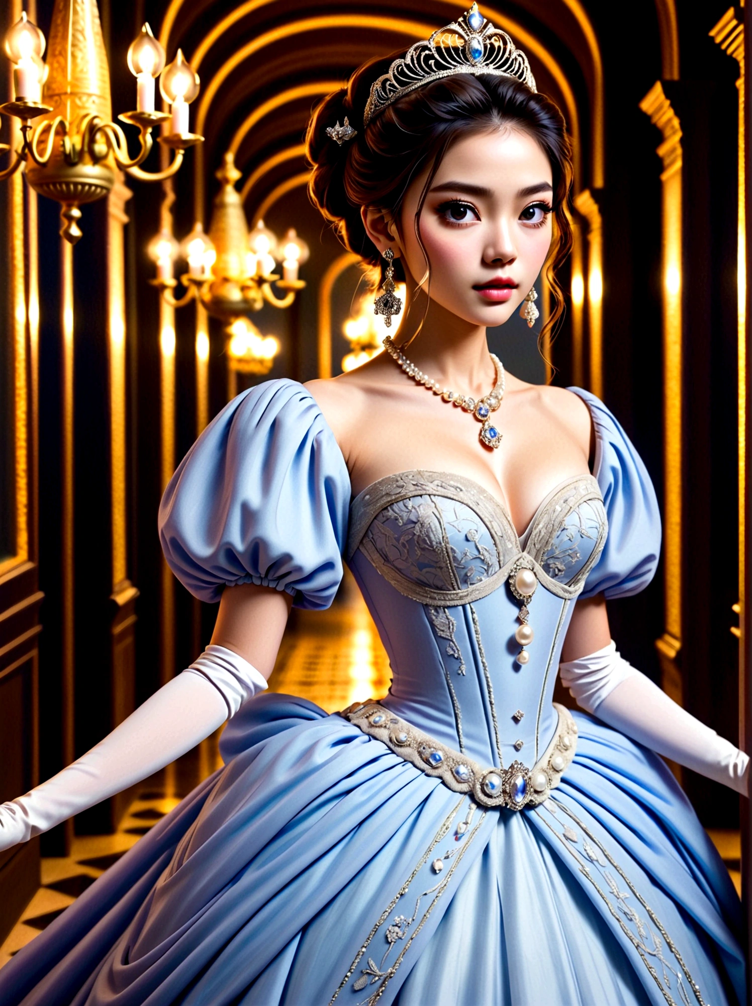 ((masterpiece))，Best quality，absurd，Ultra Detailed，holographic，Golden Ratio，Super cute and beautiful Asian idol girl，Very beautiful violet bright eyes，Beautiful colorful shiny brown hair，High Ponytail，good body shape，fit，Perfect body，Wear a stately and exquisite royal Cinderella court gown，With huge puff sleeves and hourglass waist，adorned with bows，Embroidery and jewelry，Long white gloves，pearl necklace and earrings，Beautiful hair accessories，Dark theme elements, Pencil Sketch