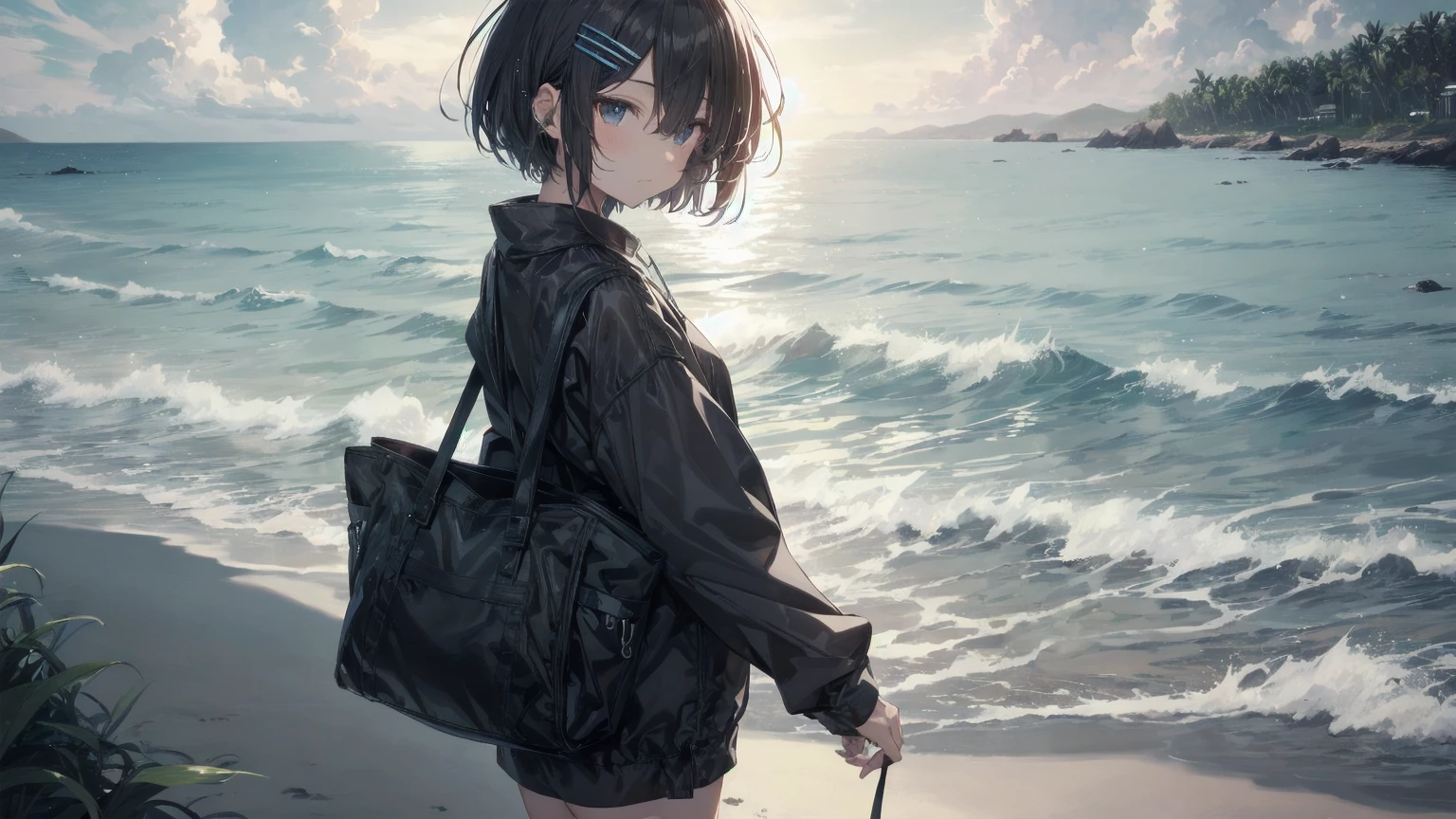 Highest quality, Anime Moe Art Style,Best Anime 8K Konachan Wallpaper,pixiv Contest Winner,Perfect Anatomy, break,(Please draw a picture of a girl in a 水着 walking on the beach.),break, One is an unlucky beautiful girl.,(alone,On top of that,,14 years old:1.3),,Complete limbs, Full Finger,  short hair,おでこを出したshort hair,Bob Hair, amount, (Hair on one eye:1.4),Small breasts, Small Ass, Beautiful attention to detail, Well-proportioned pupils,Between the legs, Wet, Shiny skin, Cowboy Shot, Hair Clip, White swimsuit, At the Beach.break,Very detailed,High resolution,Very detailed肌, 
Optimal lighting with AI, shape,