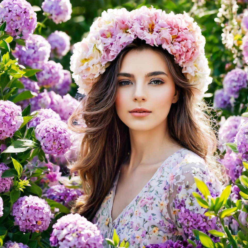 美丽的女孩在花丛中