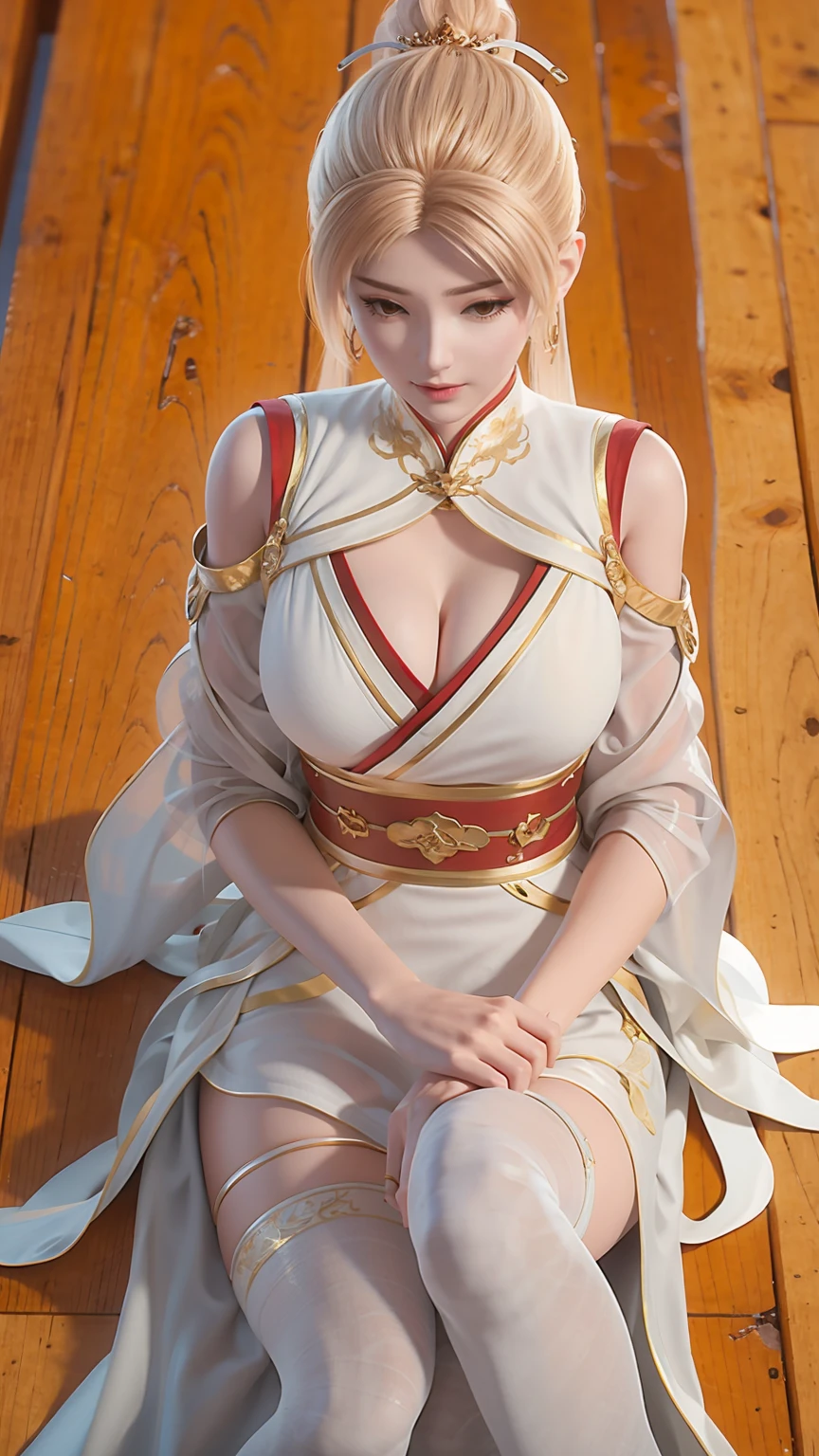 Close-up of a woman in a white dress lying on a wooden floor, Japanese Goddess, Beautiful Chinese model, beautiful goddess, beautiful Asian girl, Sexy Girl, Fair, smooth and translucent skin, Chinese Girl, Asian girl, Attractive anime girl, Sexy pose, Beautiful fantasy queen, Beautiful and detailed body and face, Smooth white tights set, Light milky white porcelain skin