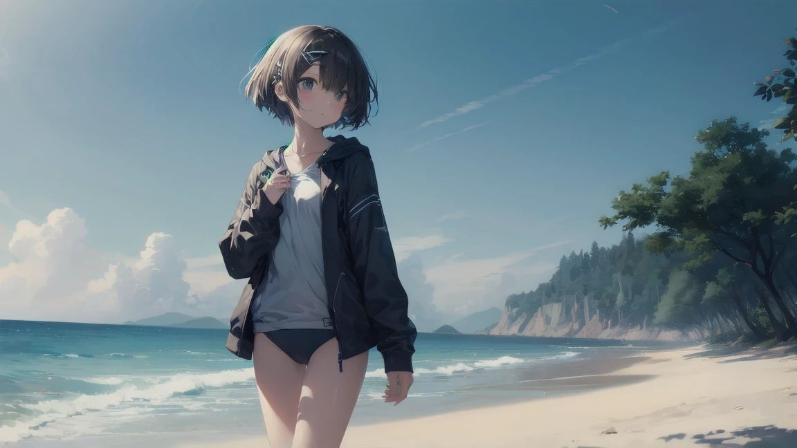 Highest quality, Anime Moe Art Style,Best Anime 8K Konachan Wallpaper,pixiv Contest Winner,Perfect Anatomy, break,(Please draw a picture of a girl in a hoodie walking on the beach.),break, One is an unlucky beautiful girl.,(alone,On top of that,,14 years old:1.3),,Complete limbs, Full Finger,  short hair,おでこを出したshort hair,Bob Hair, amount, (Hair on one eye:1.4),Small breasts, Small Ass, Beautiful attention to detail, Well-proportioned pupils,Between the legs, Wet, Shiny skin, Cowboy Shot, Hair Clip, White swimsuit, At the Beach.break,Very detailed,High resolution,Very detailed肌, 
Optimal lighting with AI, shape,