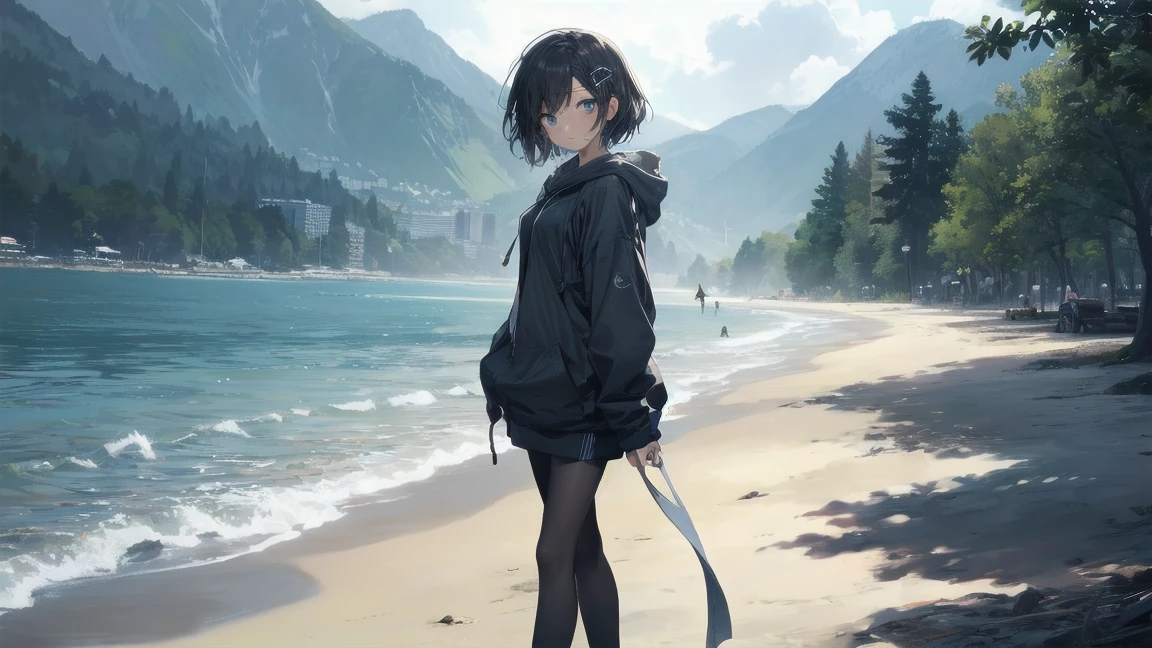 Highest quality, Anime Moe Art Style,Best Anime 8K Konachan Wallpaper,pixiv Contest Winner,Perfect Anatomy, break,(Please draw a picture of a girl in a hoodie walking on the beach.),break, One is an unlucky beautiful girl.,(alone,On top of that,,14 years old:1.3),,Complete limbs, Full Finger,  short hair,おでこを出したshort hair,Bob Hair, amount, (Hair on one eye:1.4),Small breasts, Small Ass, Beautiful attention to detail, Well-proportioned pupils,Between the legs, Wet, Shiny skin, Cowboy Shot, Hair Clip, White swimsuit, At the Beach.break,Very detailed,High resolution,Very detailed肌, 
Optimal lighting with AI, shape,