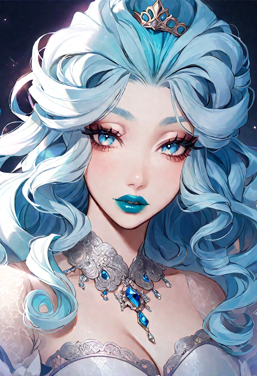 Light blue hair, turquoise eyes, long eyelashes, big red lips, apricot eyes, beauty, girly, curly hair, princess