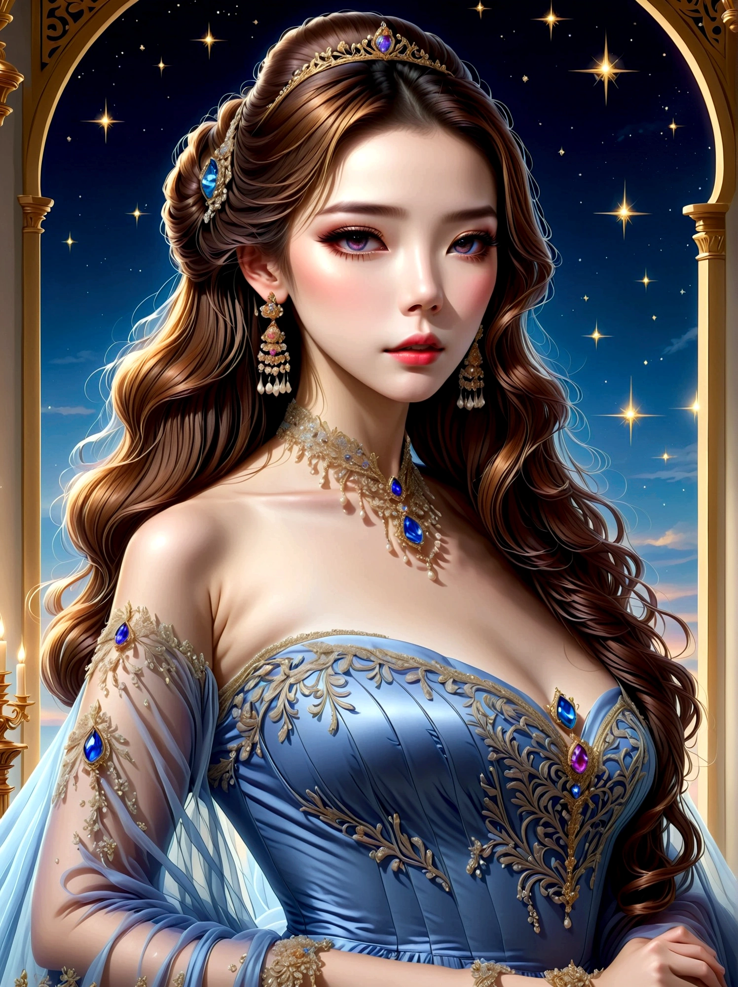 ((masterpiece))，Best quality，absurd，Ultra Detailed，(whole body:1.5)，Golden Ratio，Super cute and beautiful Asian idol girl，Very beautiful violet bright eyes，Beautiful colorful shiny brown hair，High Ponytail，good body shape，fit，Perfect body，(Wearing a stately and exquisite royal Cinderella court evening gown:1.5)，With huge puff sleeves and hourglass waist，adorned with bows，Embroidery and jewelry，Long white gloves，pearl necklace and earrings，Beautiful hair accessories，Dark theme elements, Pencil Sketch