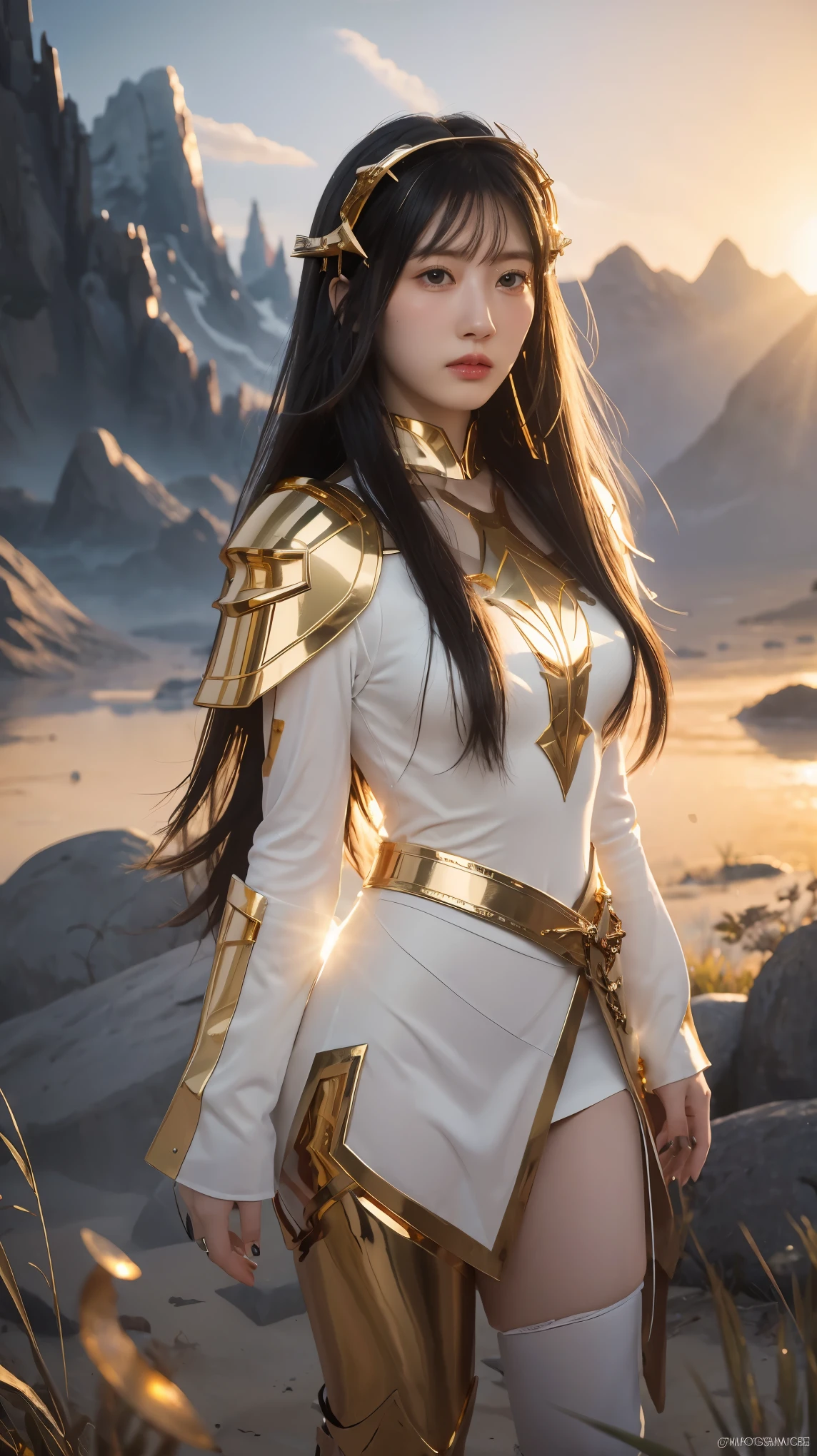 ((masterpiece, best quality, extremely detailed), volumetric lighting, ambient occlusion, colorful, glowing), 1girl, solo, young girl, (black hair with bangs), long hair, halo, aura, sacred, goddess, cleric suit, (white outfit with gold detailst:1.3), armor, outdoors, sunset, sky, clouds, space, (fantasy theme:1.2),