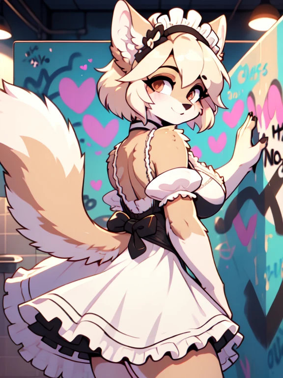 Attractive, big breasts, anthropomorphic, innocent, maid outfit, medium bob blonde hair, blue clip, dirty public restroom, graffiti on wall, seductive pose, brown eyes, pink heart visible in eyes, wearing black and white maid outfit. Tail curled and long, viewpoint back, slightly above her eye level, nude, peeing,