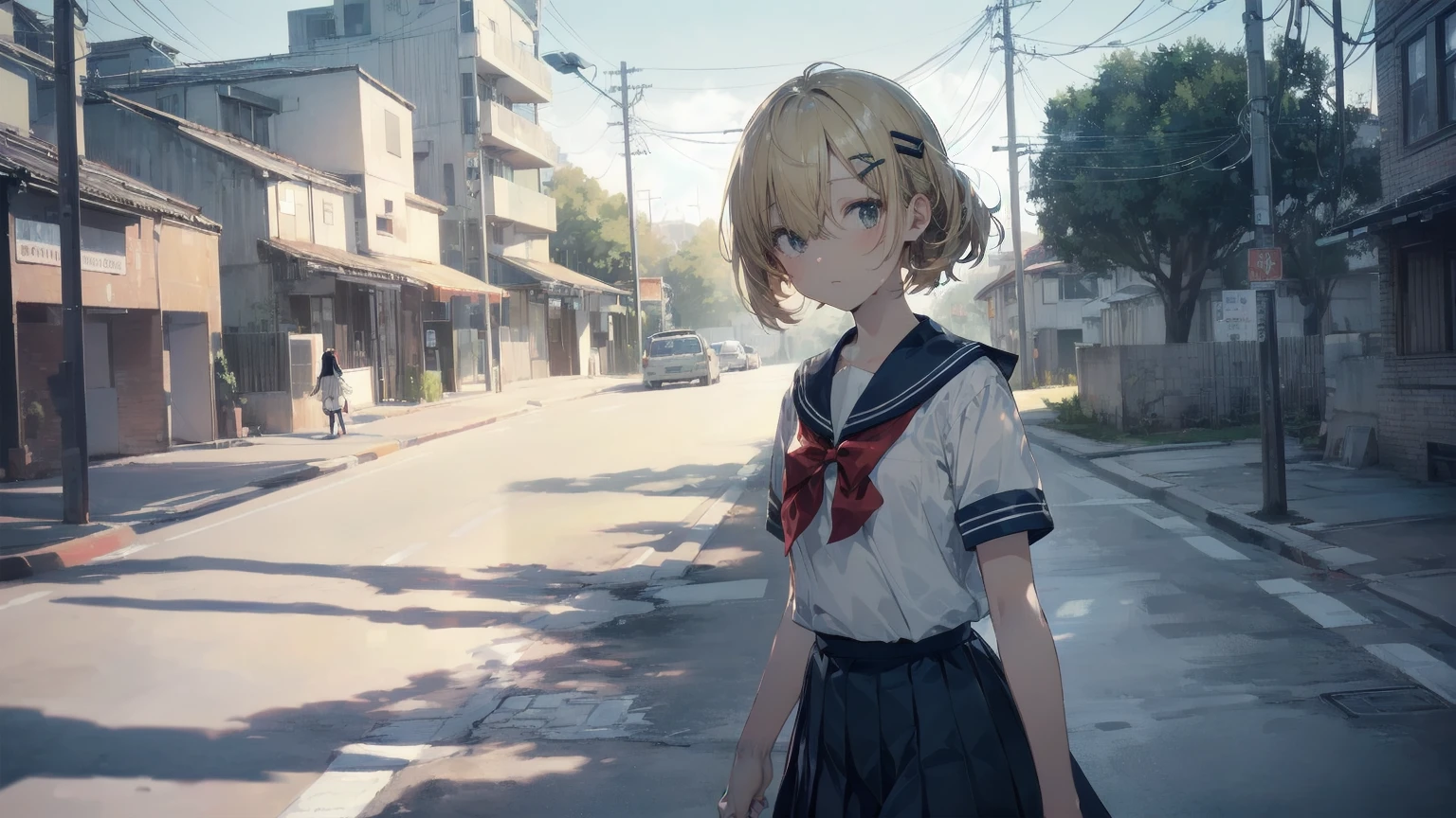 Highest quality, Anime Moe Art Style,Best Anime 8K Konachan Wallpaper,pixiv contest winners,Perfect Anatomy, (Please draw a girl walking sleepily to school... ),break, 1 Girl, (alone,,,13 years old:1.3),high school student, short hair, amount, (Hair above one eye:1.7),All limbs, Full Finger,Medium chest, Between the legs, Small eyes,accurate black eyes, Hair Clip, (Sailor suit:1.5),(school uniform:1.5) skirt,On the way to school. break,Very detailed,High resolution,Ultra-dense skin, Professional Lighting,8k eye detail, (Cute illustrations:1.2),blonde，blonde hair，Expressionless，(Hair on one eye:1.5)，Sailor suit