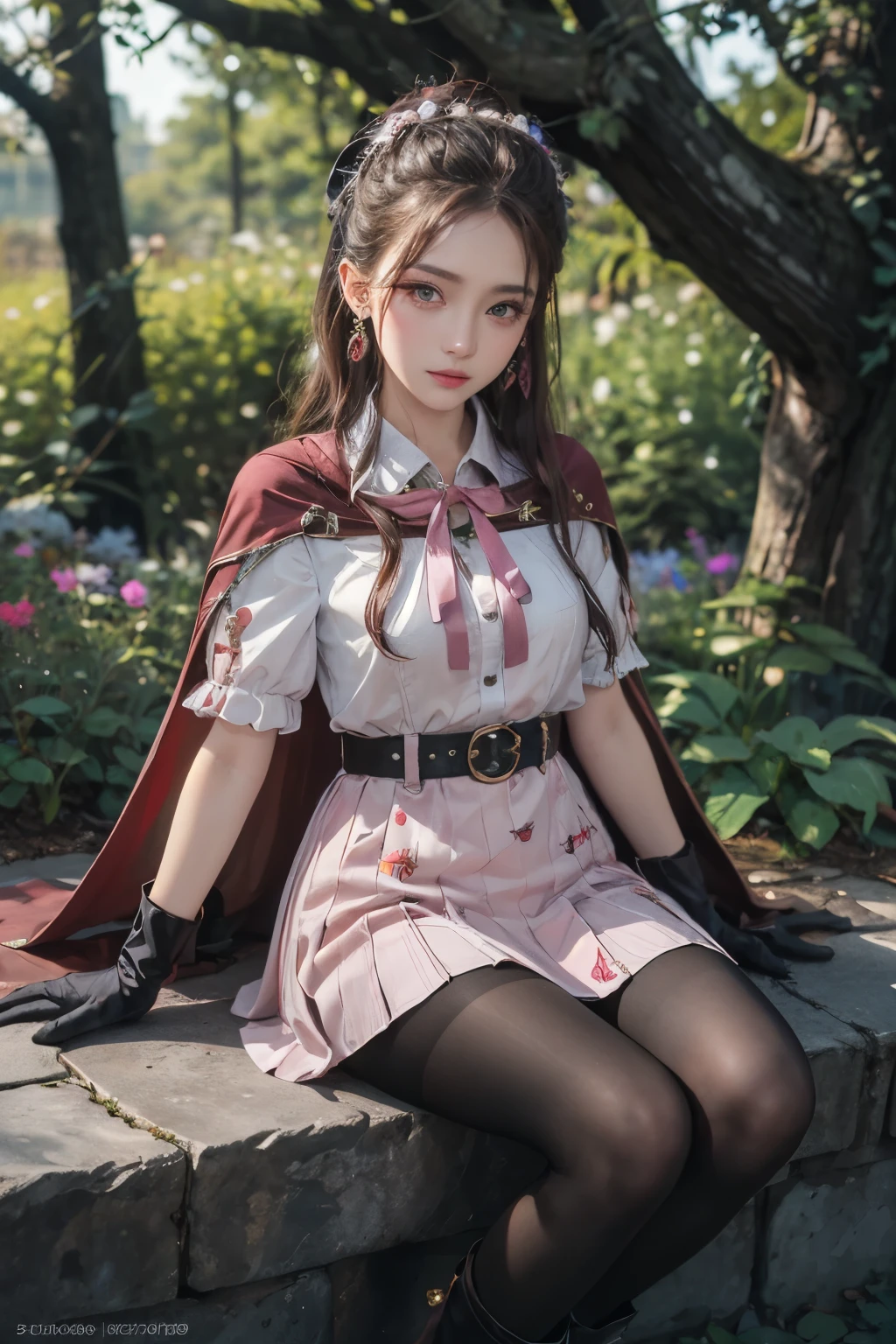 masterpiece,best quality,high resolution,Extremely detailed,Elena,have,Long hair,curls,Pink Eyes,earrings,cape,dress,Short sleeve,Gloves,belt,skirt,Black pantyhose,boots,Wind lift,blush,(Make it embarrassing:1.2),outdoor,garden,