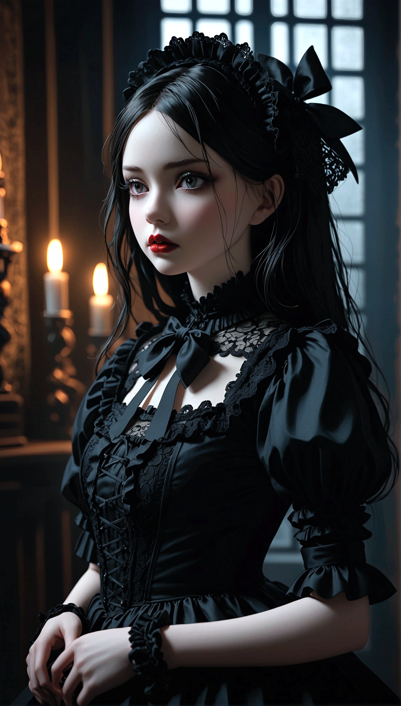 a gothic lolita girl,pale skin,red lips,porcelain doll-like face,intricate black lace Evening Dress,(whole body),Exquisite shoes,Thick stockings,ruffles,bows,high collar,long black hair,haunting gaze,dark fairy tale,dramatic lighting,moody atmosphere,cinematic,highly detailed,masterpiece,photorealistic