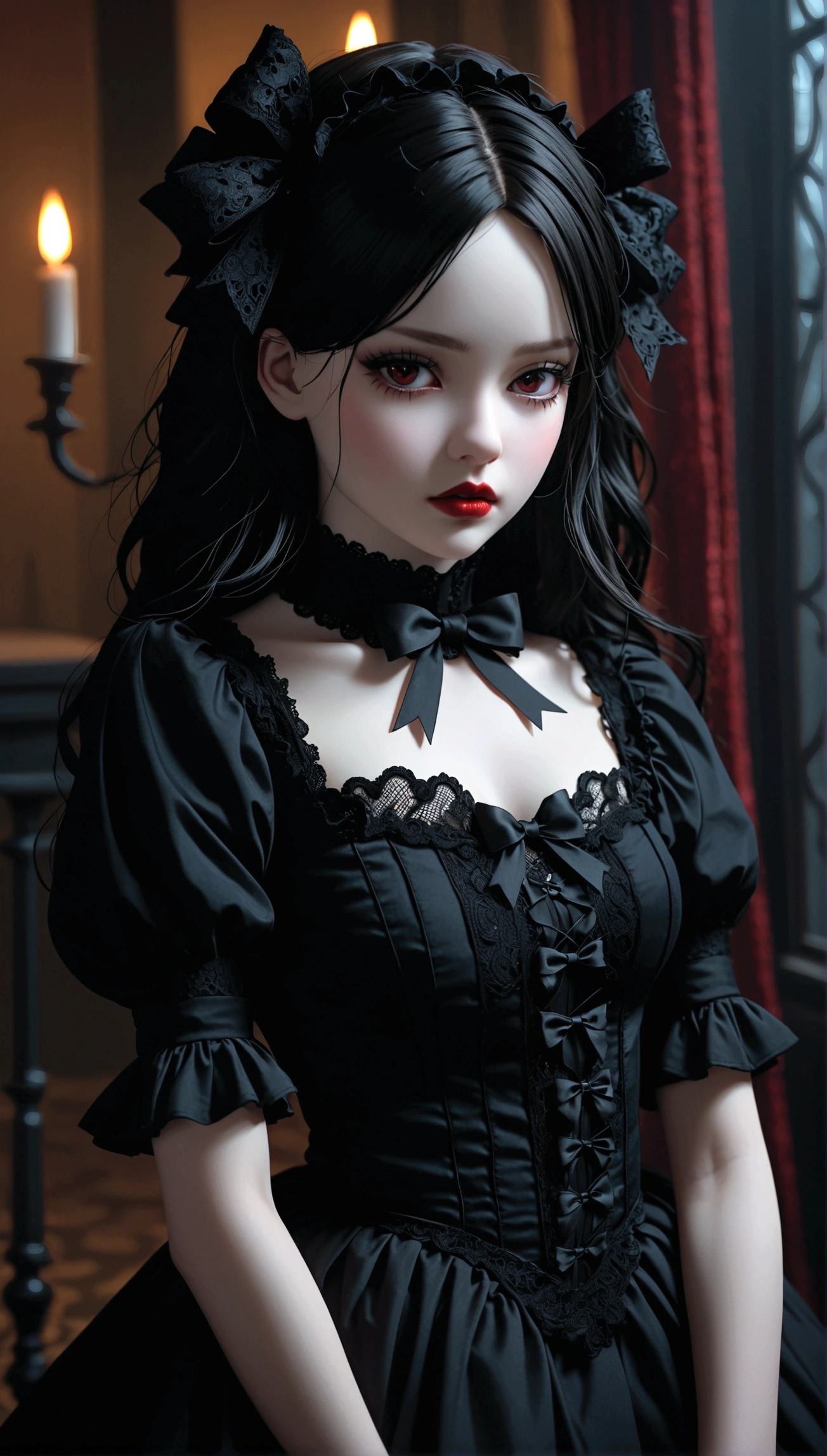 a gothic lolita girl,pale skin,red lips,porcelain doll-like face,intricate black lace Evening Dress,(whole body),Exquisite shoes,Thick stockings,ruffles,bows,high collar,long black hair,haunting gaze,dark fairy tale,dramatic lighting,moody atmosphere,cinematic,highly detailed,masterpiece,photorealistic