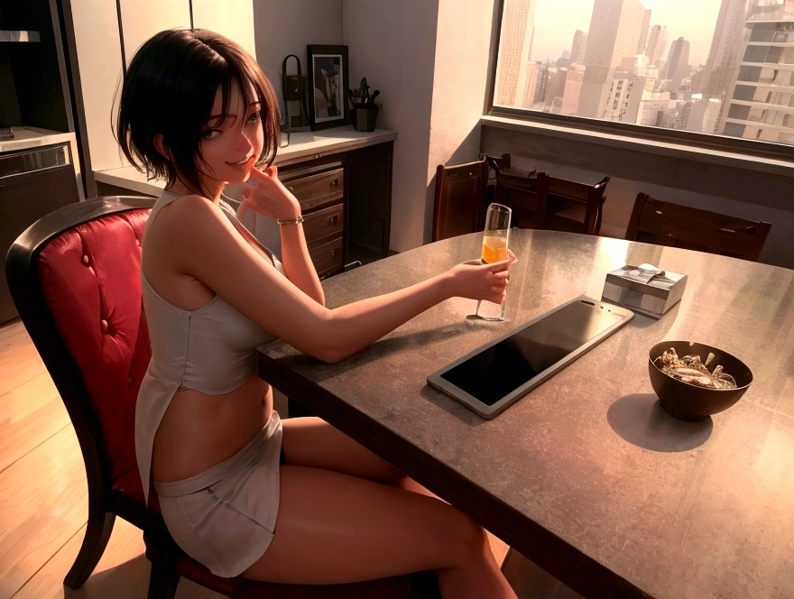 ((realistic)), cinematic shot, photo referenced, highest quality, high quality, (detailed face and eyes:1.1), intricate (high detail), (detailed skin:1.1), shiny skin, photorealism, volumetric lighting, a beautiful 18-year-old woman with short hair, wearing a white tank top and white miniskirt. She is sitting at a dining table in a modern living room, using an iPad. A Wi-Fi router is on the table. She is laughing with her mouth open and looking at the camera. The room is decorated with abstract art