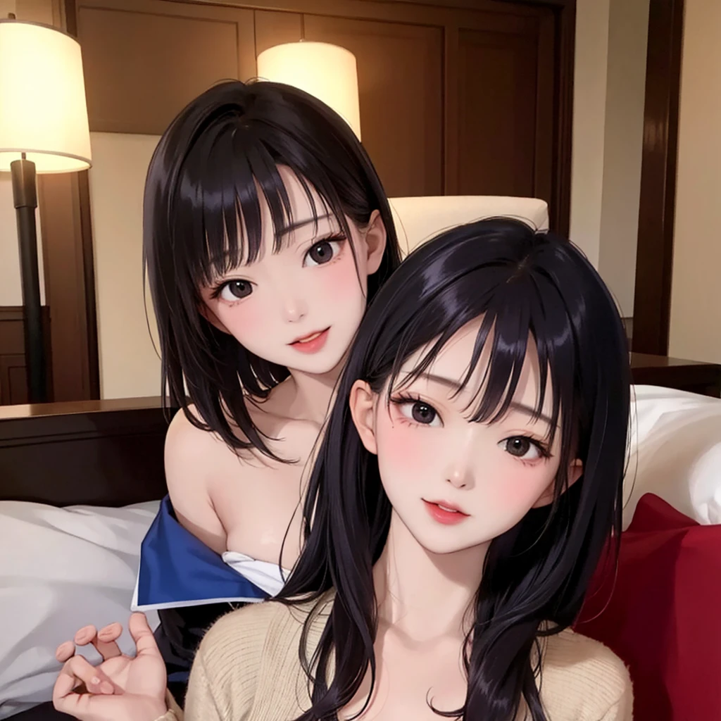 Korean sexy, 2 girl, (16 years old), in the hotel, night, buxom, pleased expression, (face and skin detailed), (masterpiece, best quality, extremely detailed, hyper realistic) 
