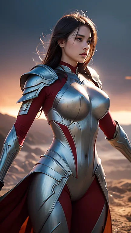 photorealistic of woman warrior in shell-shaped steel amor suit with beautiful round  breasts , medium breasts, The setting shou...