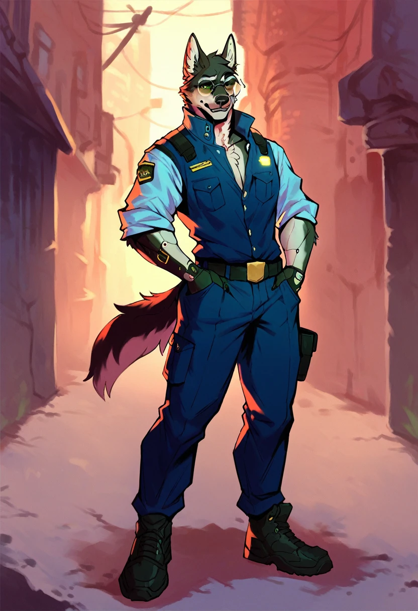 Um policial lobo negro antropomórfico de corpo inteiro no estilo cyberpunk, usando óculos redondos vermelhos e roupas inspiradas no cyberpunk, parado em um beco de uma cidade cyberpunk coberto por um tiroteio.