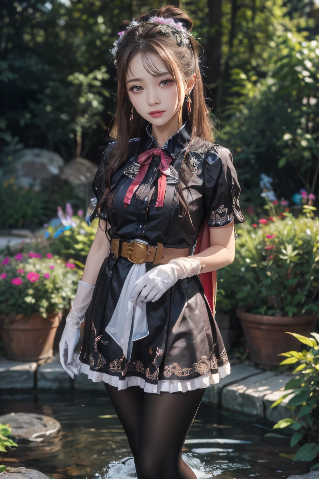 water，masterpiece,best quality,high resolution,Extremely detailed,Elena,have,Long hair,curls,Pink Eyes,earrings,cape,dress,Short sleeve,Gloves,belt,skirt,Black pantyhose,boots,Wind lift,blush,(Make it embarrassing:1.2),outdoor,garden,