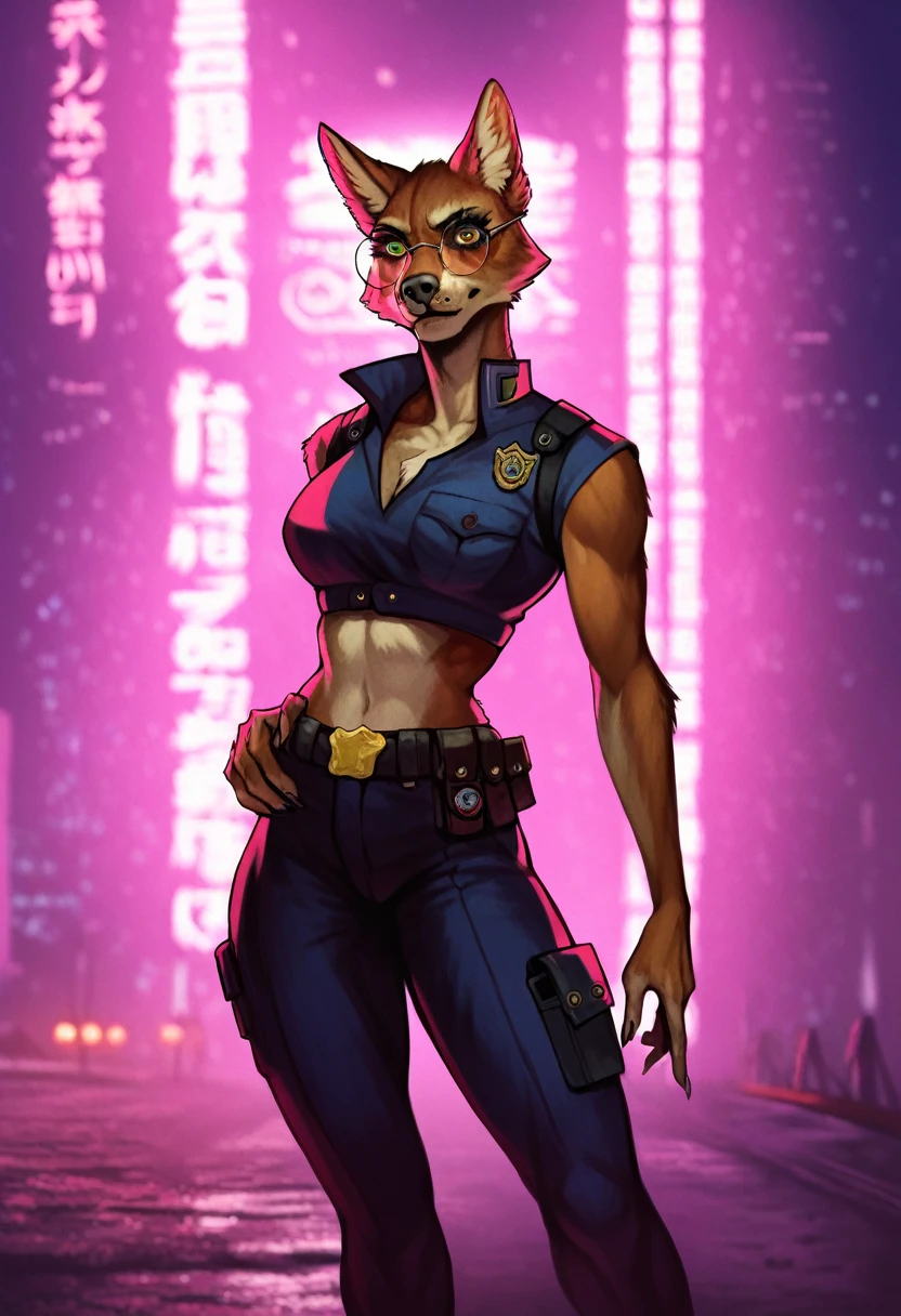 A cyberpunk anthropomorphic black wolf police officer,wearing red round glasses,cyberpunk clothing,standing in a cyberpunk alley,shootout scene,detailed facial features,extremely detailed eyes and face,long eyelashes,detailed fur,dynamic pose,dramatic lighting,neon lights,reflective surfaces,urban architecture,gritty atmosphere,vibrant colors,photorealistic,4k,8k,highres,masterpiece