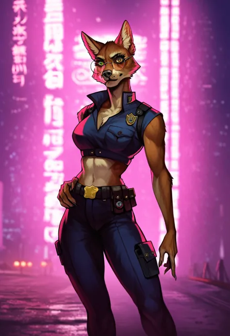 A cyberpunk anthropomorphic black wolf police officer,wearing red round glasses,cyberpunk clothing,standing in a cyberpunk alley...