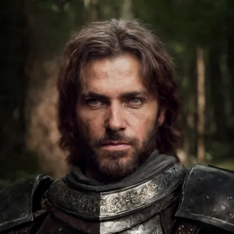 (masterpiece)+, (extremely (realistic)+,a portrait of an attractive male grumpy knight, Suspicious stare. Looking in camera. vol...