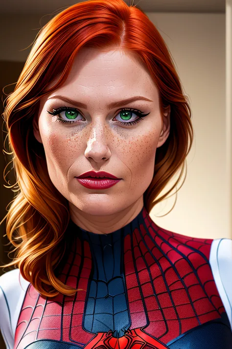 a close up shot of mary jane watson (wearing a tight spider-man costume), (redhead, ginger, big green eyes), beautiful, gorgoues...