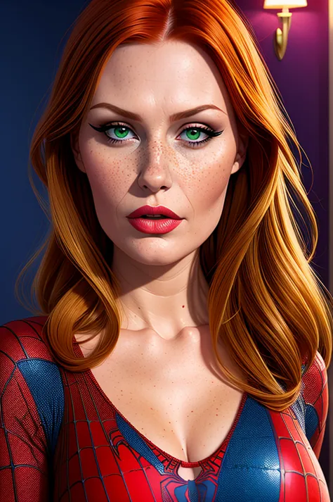 a close up shot of mary jane watson (wearing a tight spider-man costume), (redhead, ginger, big green eyes), beautiful, gorgoues...