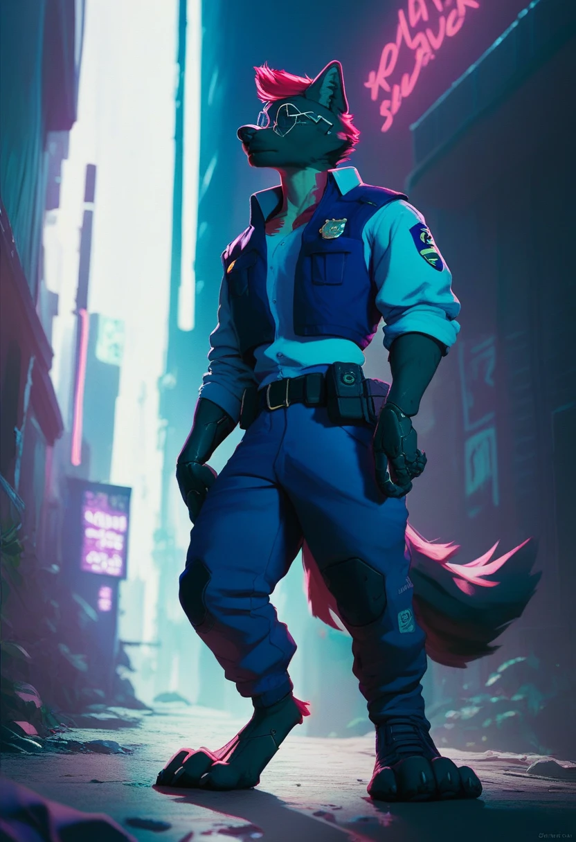 Um policial lobo negro antropomórfico de corpo inteiro no estilo cyberpunk, usando óculos redondos vermelhos e roupas inspiradas no cyberpunk, parado em um beco de uma cidade cyberpunk coberto por um tiroteio.