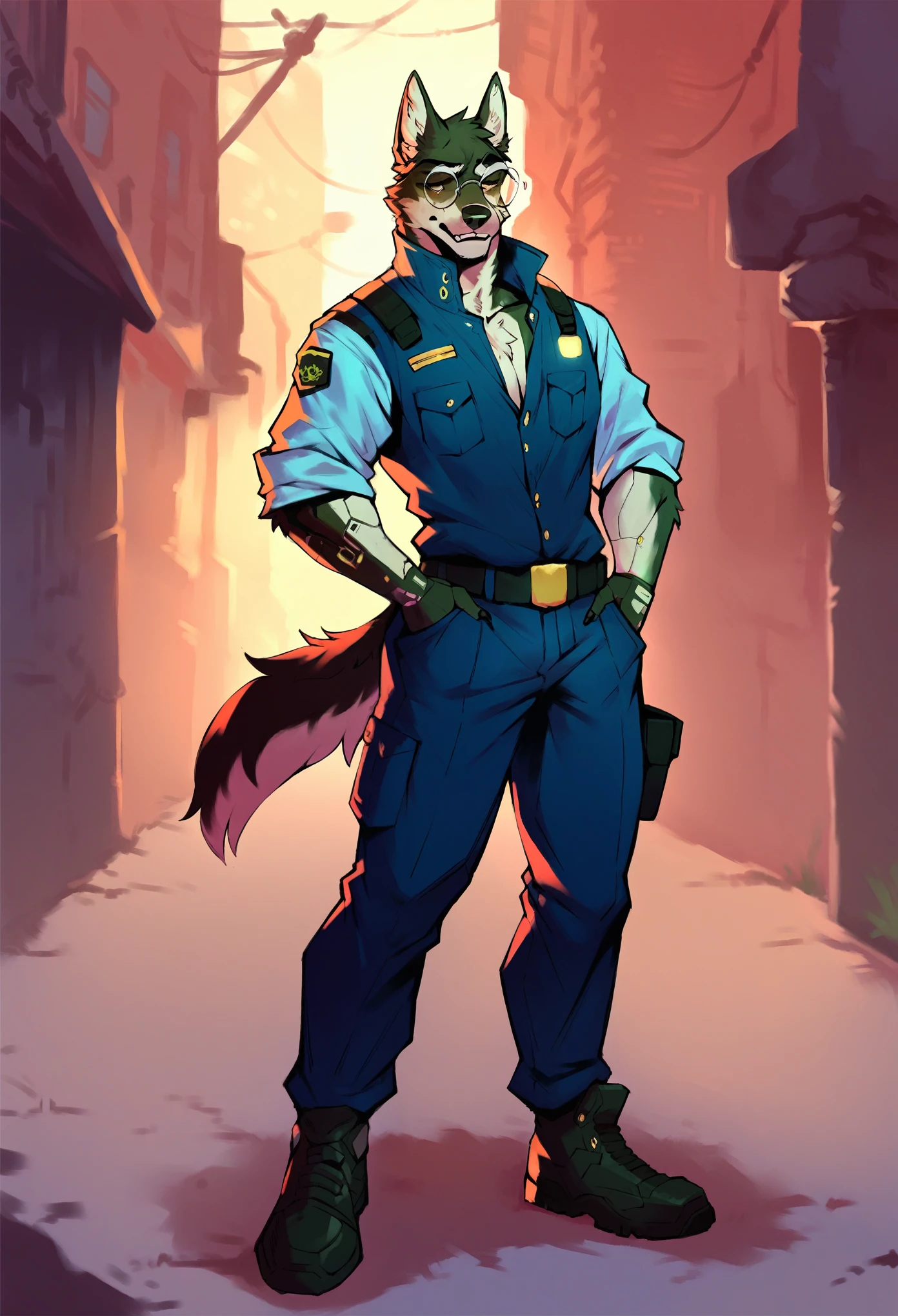 A cyberpunk-style anthropomorphic full body black wolf police officer, wearing red round glasses and cyberpunk-inspired clothing, standing in a cyberpunk city alley covered in a shootout.