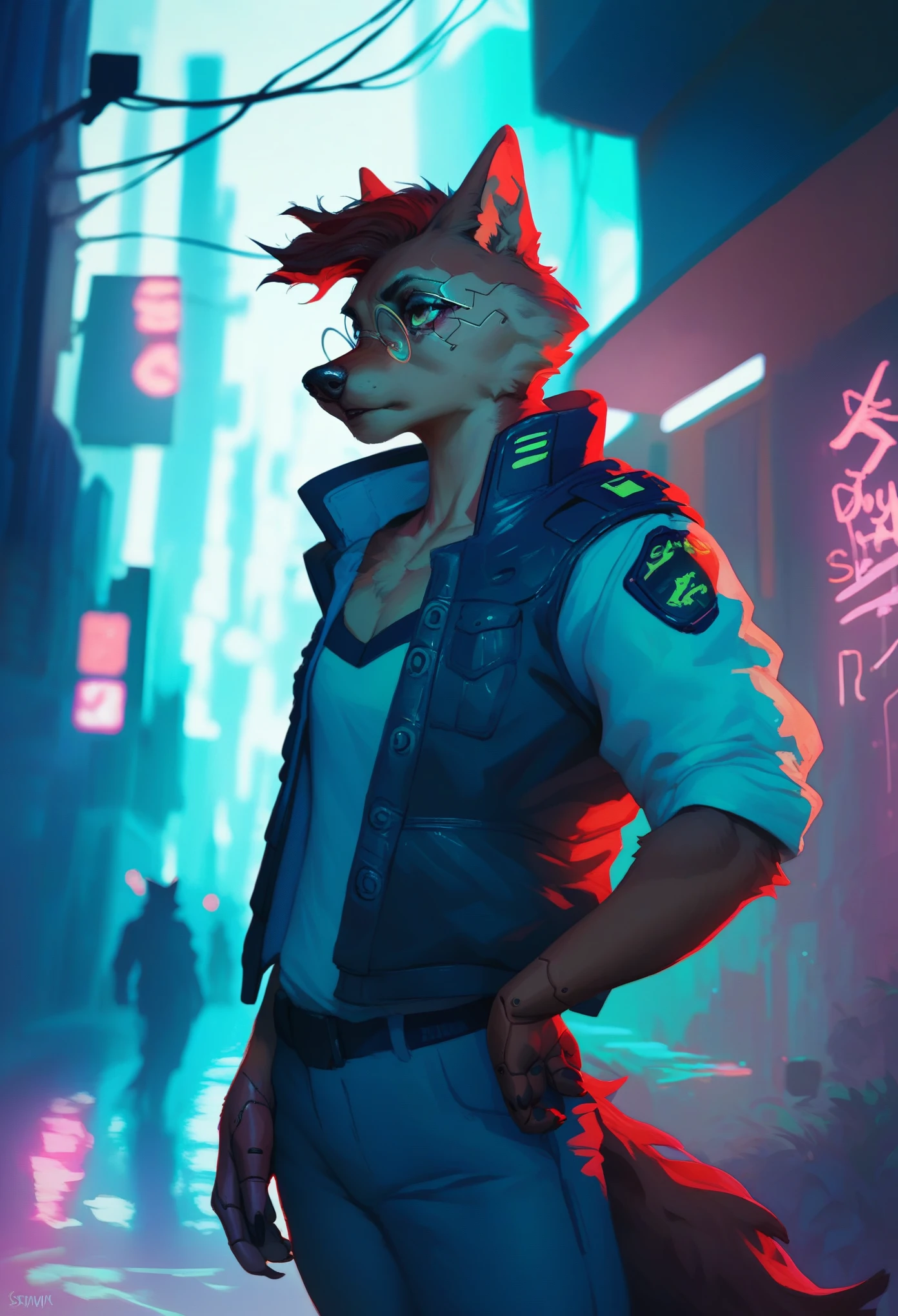 Ein anthropomorpher schwarzer Wolf-Polizist im Cyberpunk-Stil, trägt eine rote runde Brille und Cyberpunk-inspirierte Kleidung, in einer Gasse einer Cyberpunk-Stadt stehen (wie Night City) in eine Schießerei verwickelt. Der Charakter sollte vollständig im Bild sein.