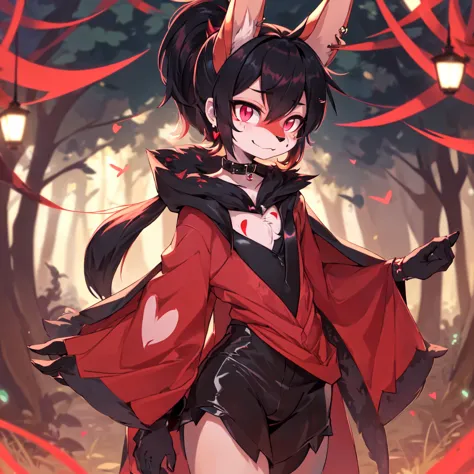 (furry:1.2), rabbit lip male, pink eyes, red skin, black hair, bunny nose, cute, ultra cute face, black hair, short hair ponytai...