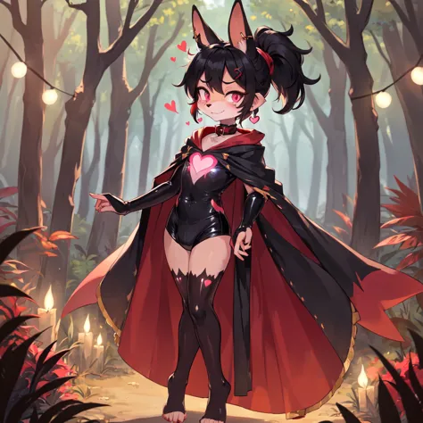 (furry:1.2), rabbit lip male, pink eyes, red skin, black hair, bunny nose, cute, ultra cute face, black hair, short hair ponytai...