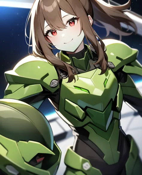 1girl, makoto kino,solo,red eyes,((brown hair:1.5)),green power armor,ponytail,((pale green skin)),green chest armor,cowboy shot...